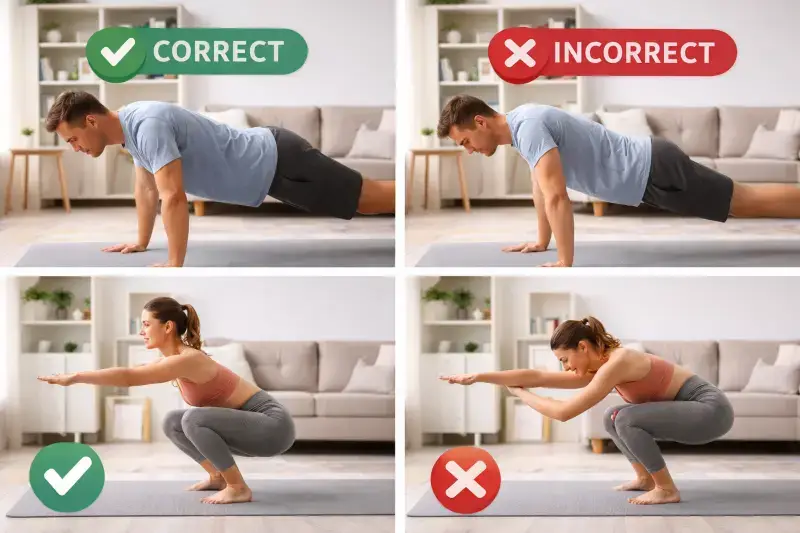 Stay Fit Without Gym: 10 Easy Home Workouts for Beginners (No Equipment) 11 correct vs incorrect posture in home workout exercises for beginners