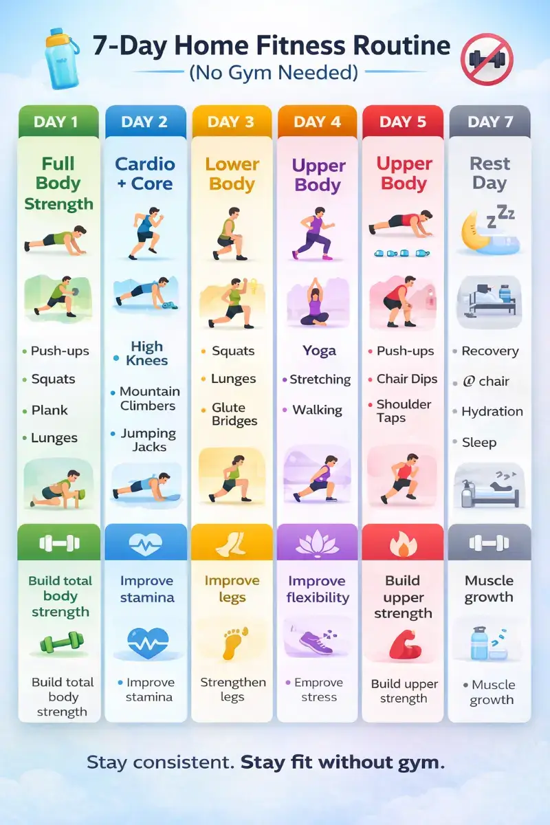 Stay Fit Without Gym: 10 Easy Home Workouts for Beginners (No Equipment) 8 7-day home fitness routine